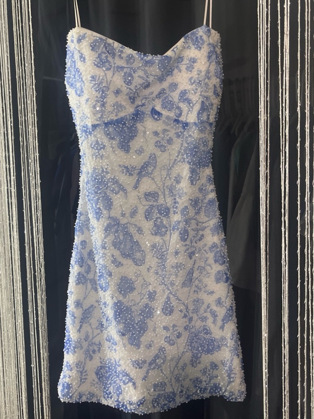 Windsor Blue and White Beaded Strapless Mini Dress
